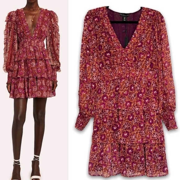 House Of Harlow 1960 Red Floral SmockedCuff Surplice Neck Tiered Ruffle Dress 10 - Picture 3 of 16